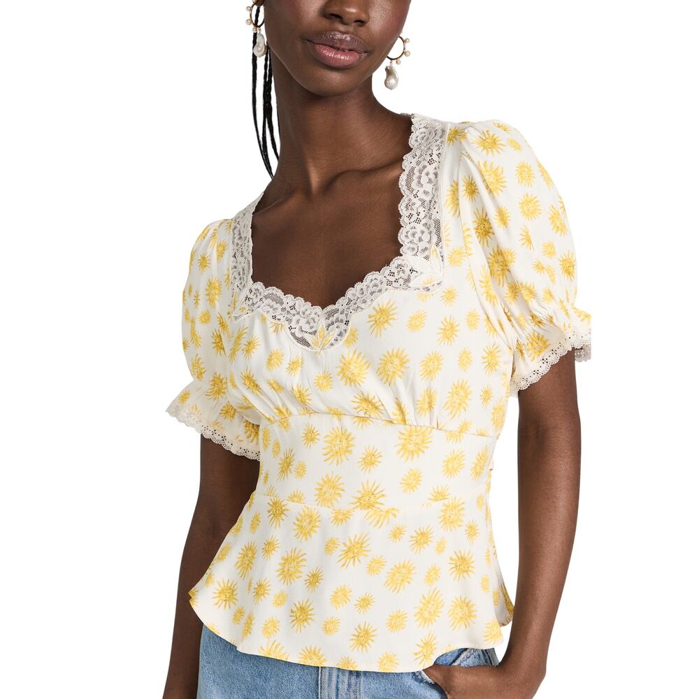 Rixo Printed Sunshine Ivory Selva Blouse Size XS